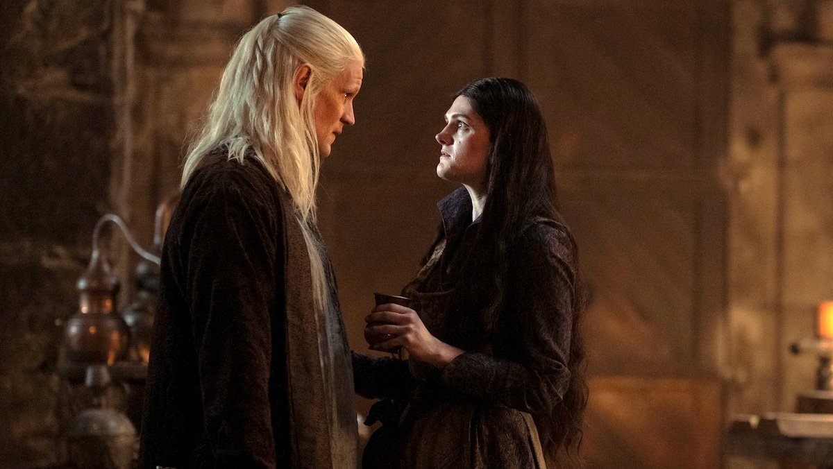 Daemon Targaryen speaks with Alys Rivers while standing close to her on House of the Dragon